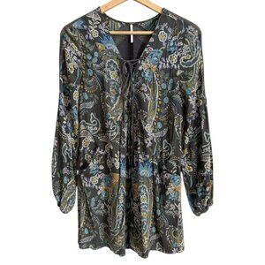 Free People Rain or Shine Paisley Tunic Mini Dress Gray‎ XS Peasant Prairie Boho